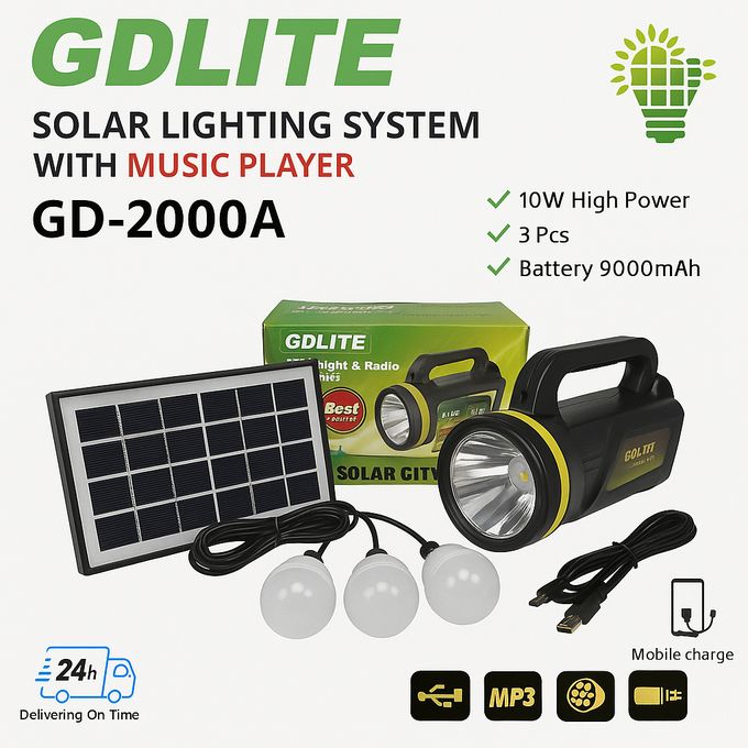 GD-2000A Solar Lighting System Kit – 10W Spotlight, FM Radio, MP3, 3 LED Bulbs, Solar Panel