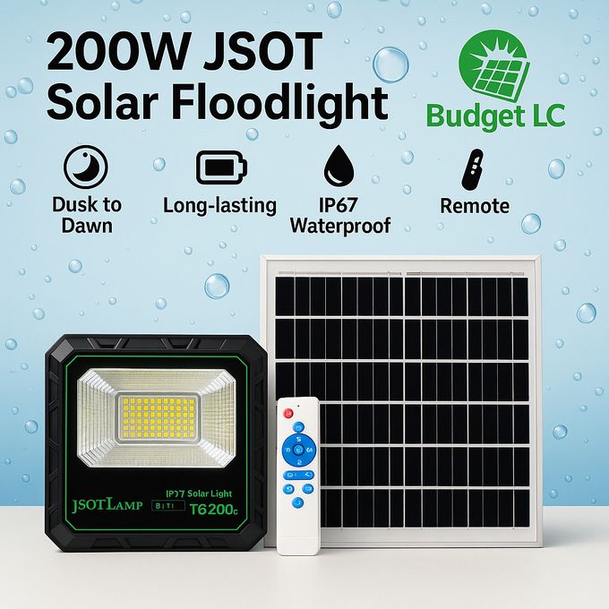 JSOT 200W Solar Floodlight – Dusk to Dawn + Remote + Solar Panel – IP67 Waterproof