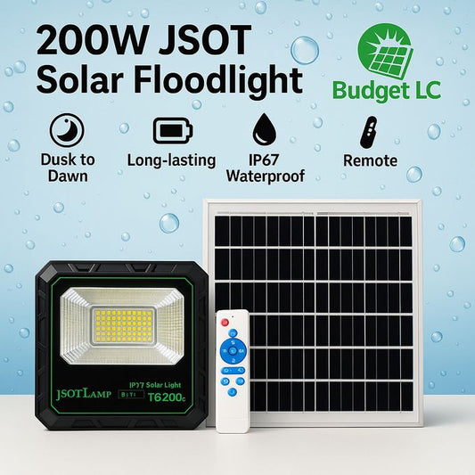 JSOT 200W Solar Floodlight – Dusk to Dawn + Remote + Solar Panel – IP67 Waterproof