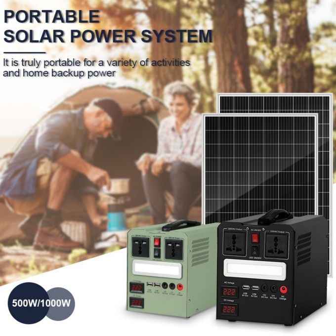 Portable solar power system with solar panel and power station in front of a camping scene.