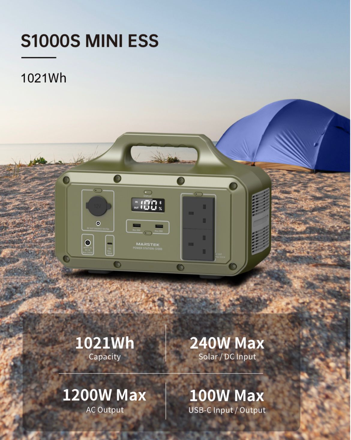 Portable power station S1000S MINI ESS on a beach with a tent in the background